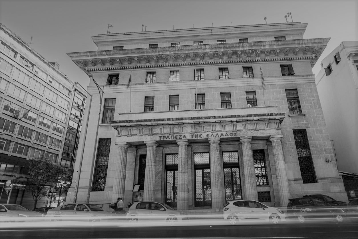 21 October 2021, Thessaloniki, Greece: National Bank of Greece is built in the traditional Hellenic style with majestic columns. Caption - EBNIKH Trapeza in Greece - national bank